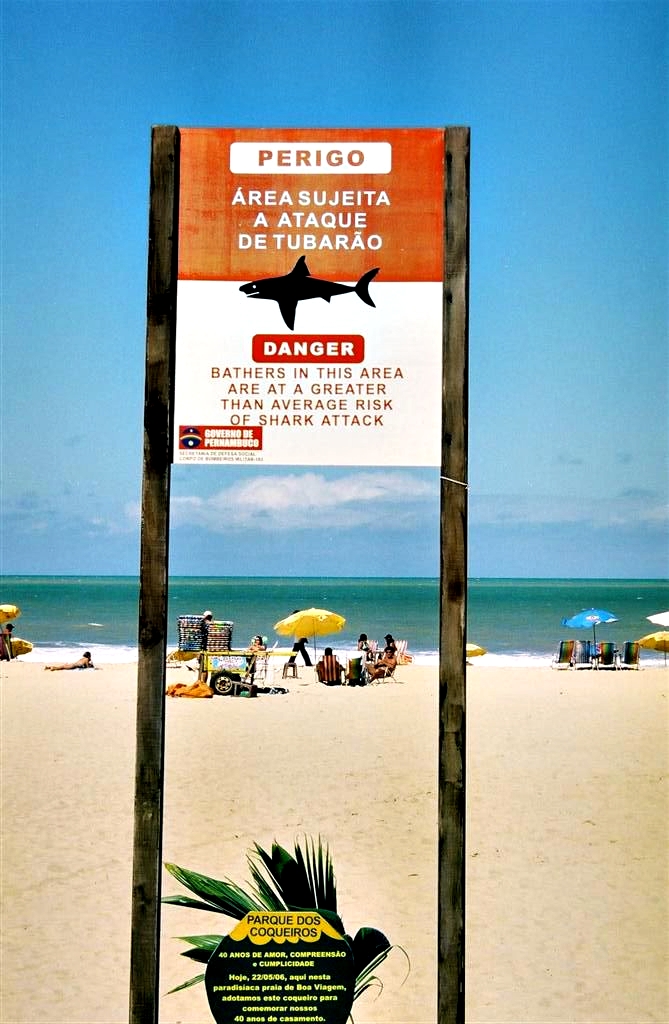 ペルナンブコ州都レシフェのボア・ビスタ海岸にあるサメ襲撃の危険を告知する看板（nicholasbittencourt, via Wikimedia Commons）
