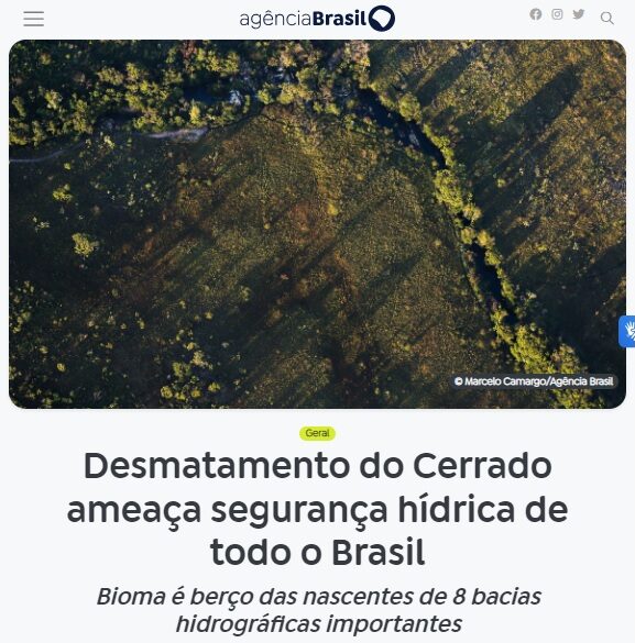 セラードでの森林伐採がブラジル全土の水の安全を脅かしていると報じる１１日付アジェンシア・ブラジルの記事の一部