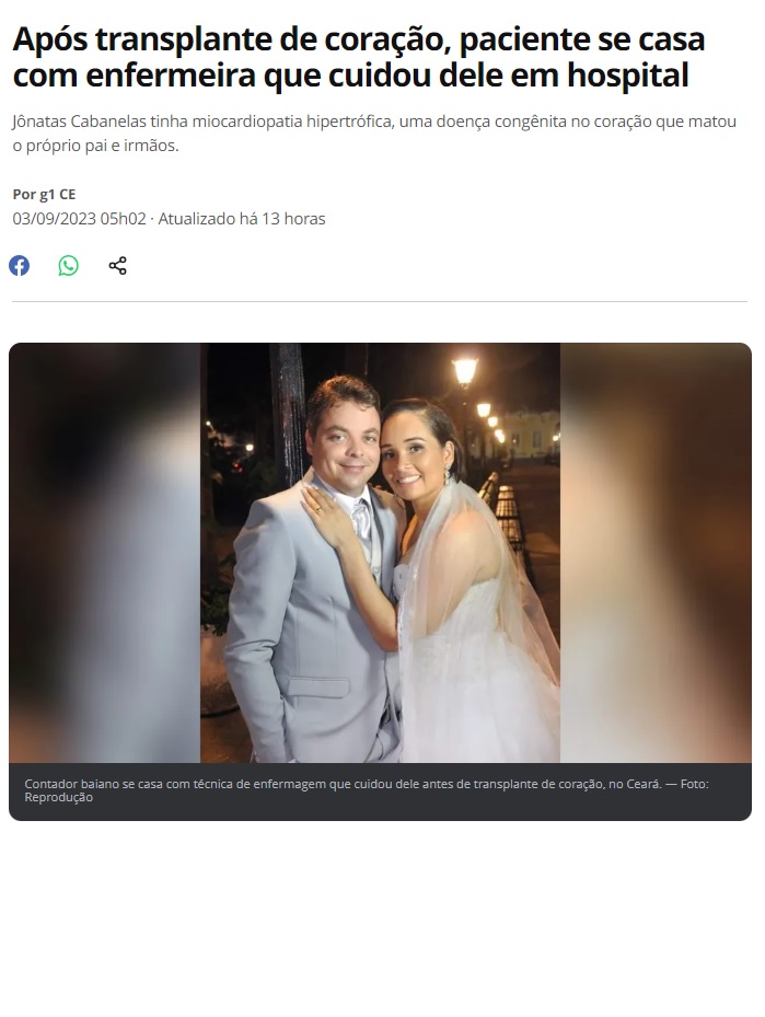 心臓移植から回復後に結婚したジョナタス氏とエリス氏（３日付Ｇ１サイトの記事の一部）