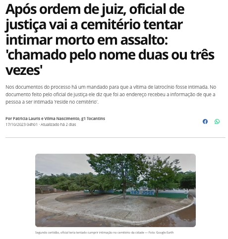 トカンチンス州ドゥエレ市にある被害者が眠る墓地（１７日付Ｇ１サイトの記事の一部）