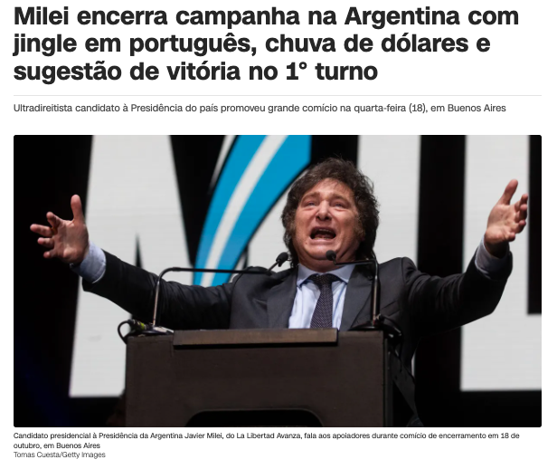 集会で支持者に語りかけるハビエル・ミレイ氏（１９日付ＣＮＮブラジルサイトの記事の一部）