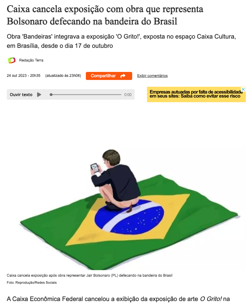 ボルソナロ前大統領がブラジル国旗に排便する様子を描いた作品（２４日付テラ・サイトの記事の一部）
