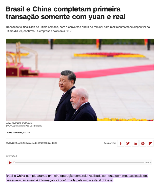 ４月に会談を行った習国家主席とルーラ大統領（３日付ＣＮＮブラジルの記事の一部）