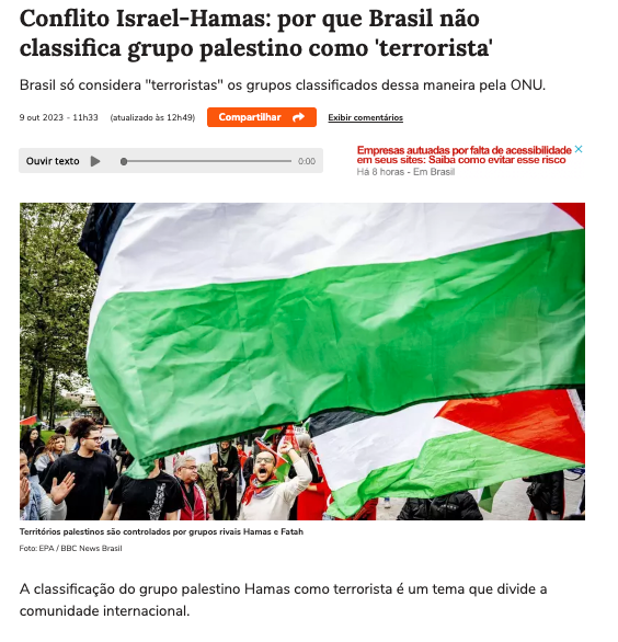 パレスチナはハマスとファタハという対立グループによって支配されている（９日付ＢＢＣブラジル・サイト記事の一部）