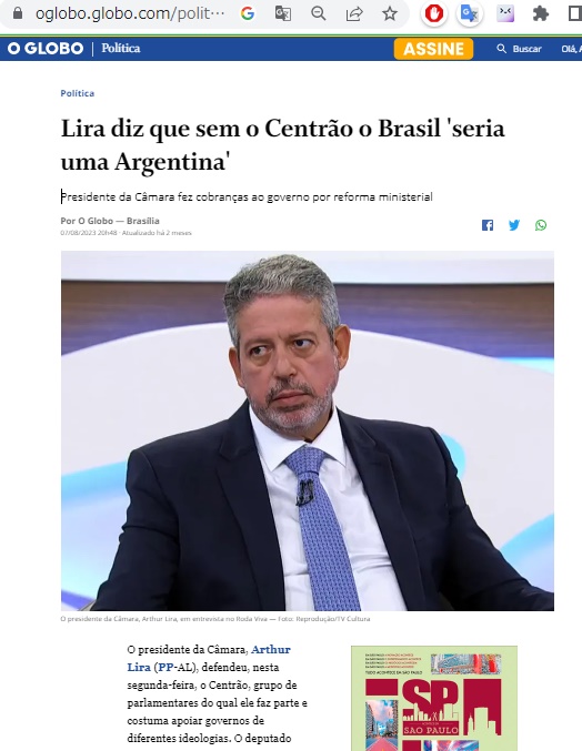 8月7日付オ・グローボ紙《「セントロンがなければブラジルはアルゼンチンになっていた」とリラはいう》記事の一部
