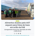 ＭＳＴがガザ地区への食料を寄贈と報じる３０日付アジェンシア・ブラジルの記事の一部（写真はエジプト側で列をなす人道支援物資を積んだトラック）