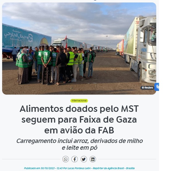 ＭＳＴがガザ地区への食料を寄贈と報じる３０日付アジェンシア・ブラジルの記事の一部（写真はエジプト側で列をなす人道支援物資を積んだトラック）