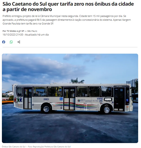 サンカエタノ市が１１月から市内バスの無料化を考えていると報じる１６日付Ｇ１サイトの記事の一部