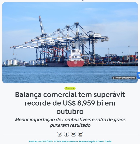 １０月の貿易収支黒字額が新記録更新と報じる１日付アジェンシア・ブラジルの記事の一部