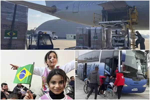 帰還第3弾用空軍機とガザ地区を出る前の帰還者達(Divulgação/GOV BR)