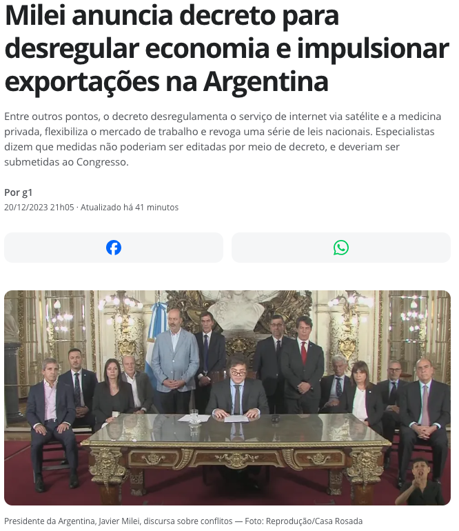 ハビエル・ミレイ大統領と１２人の閣僚（２０日付けＧ１サイトの記事の一部）