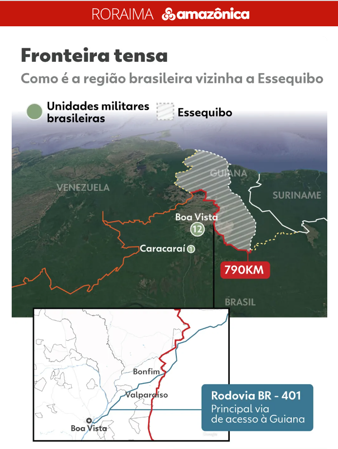 ベネズエラが併合を望んでいるエセキボとブラジルの国境(８日付Ｇ１サイトの記事の一部)