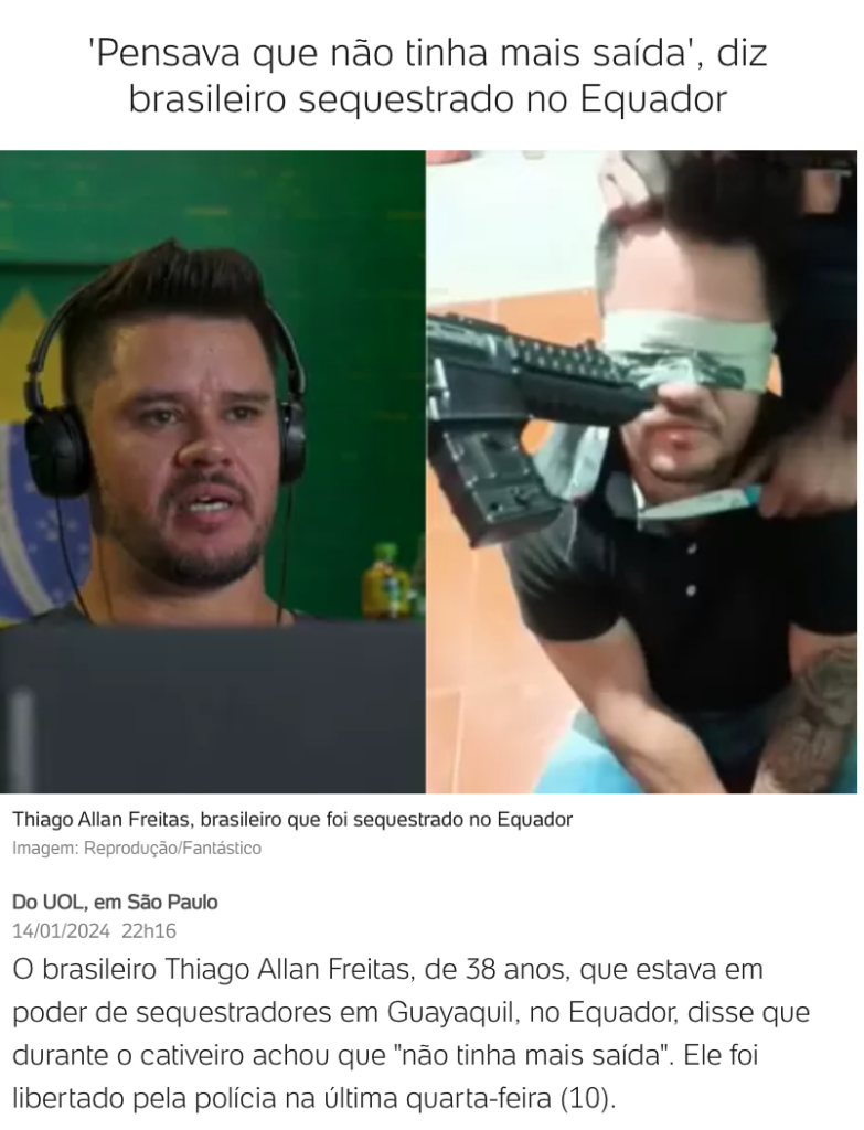 エクアドルで誘拐されていたチアゴ・アラン・フレイタスさん（１４日付ＵＯＬサイトの記事の一部）