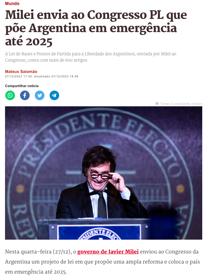 ハビエル・ミレイ・アルゼンチン新大統領（２０２３年１２月２７日付メトロポレ・サイトの記事の一部）
