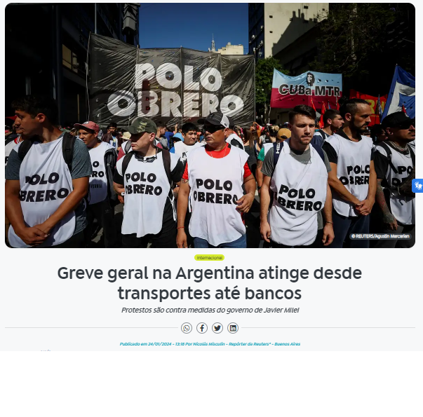 公共交通から銀行までがストに参加と報じる２４日付アジェンシア・ブラジルの記事の一部