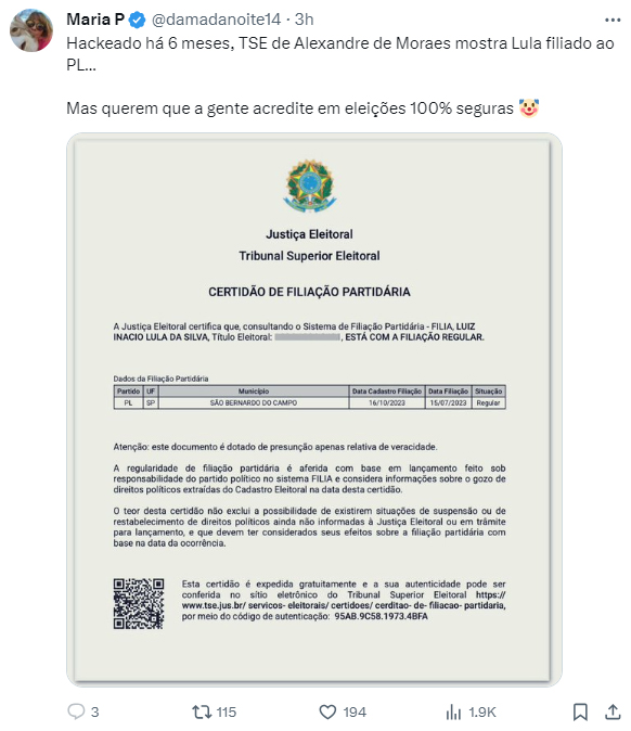 ルーラ氏の偽の登録証（Ｘ）