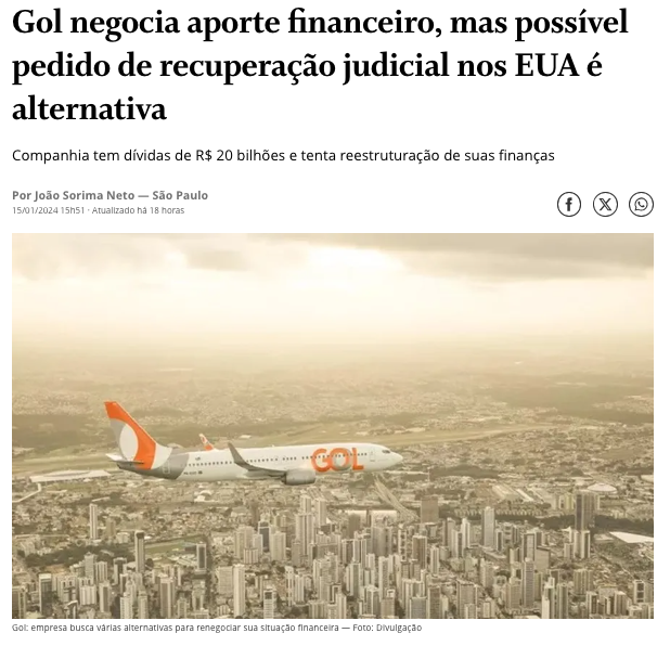 ゴル航空は財政再建のため、複数の選択肢を模索（１５日付オ・グローボ・サイトの記事の一部）