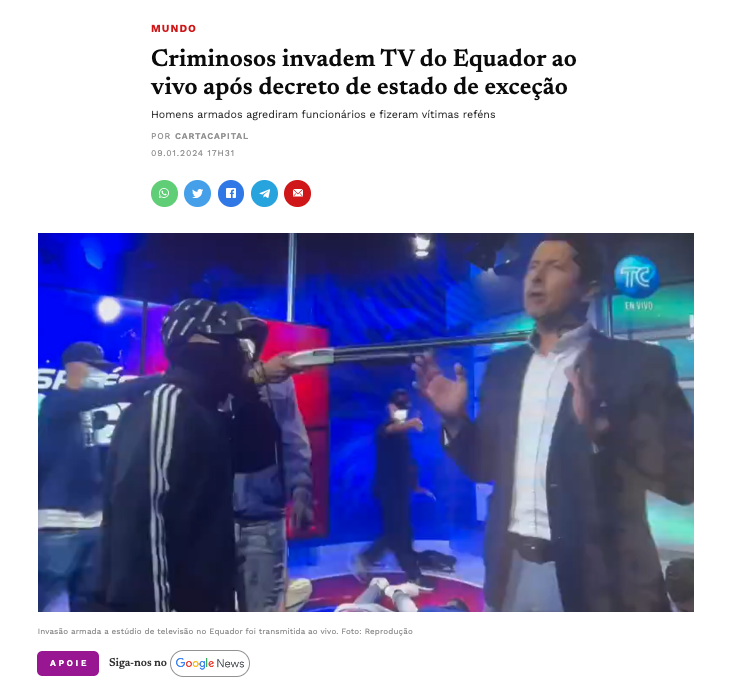 ＴＶ番組の司会者に銃を突きつける犯人（９日付カルタ・カピタル・サイトの記事の一宇）