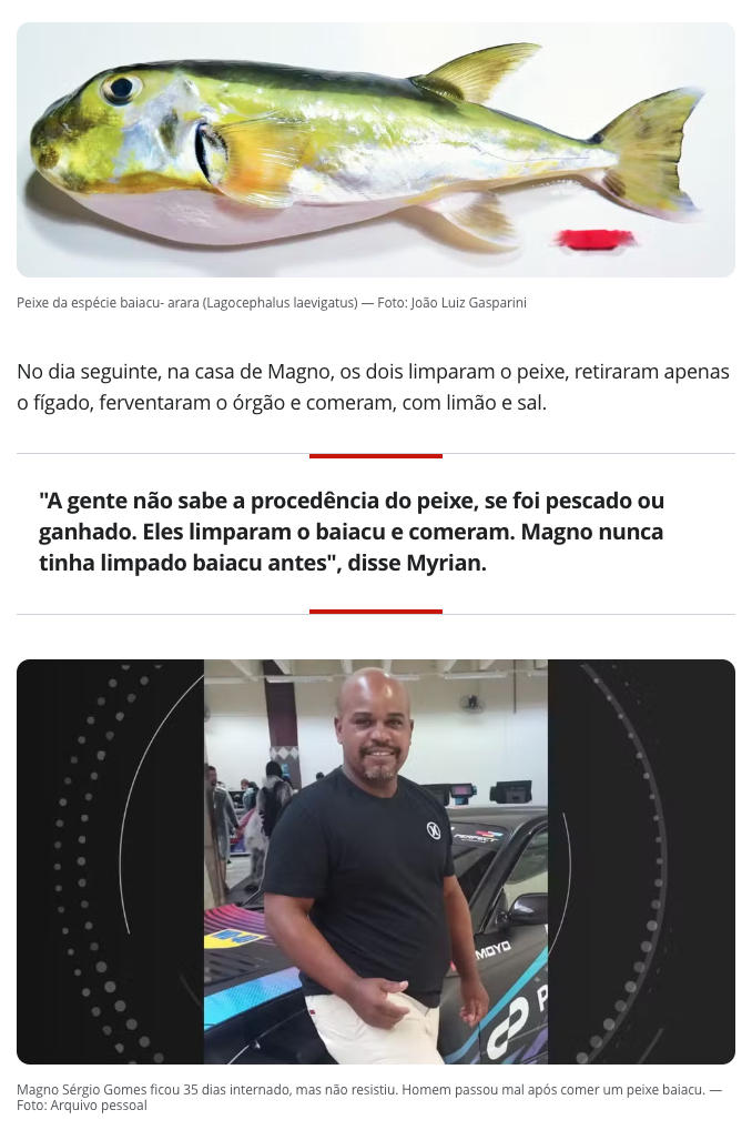 ブラジルでは一般的なシロカナフグ（上）と亡くなったマグノ・セルジオ・ゴメスさん（下）（２７日付Ｇ１サイトの記事の一部）