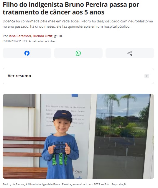 ブルーノ氏の息子が５歳でガンの治療を受けていると報じる５日付Ｇ１サイトの記事の一部