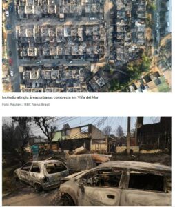 焼け落ちたヴィニャ・デル・マル市市街地とロス・オリヴォス地区に残る車や家屋の残骸（４日付ＢＢＣニュース・ブラジルが掲載したロイターとＡＦＰの写真）
