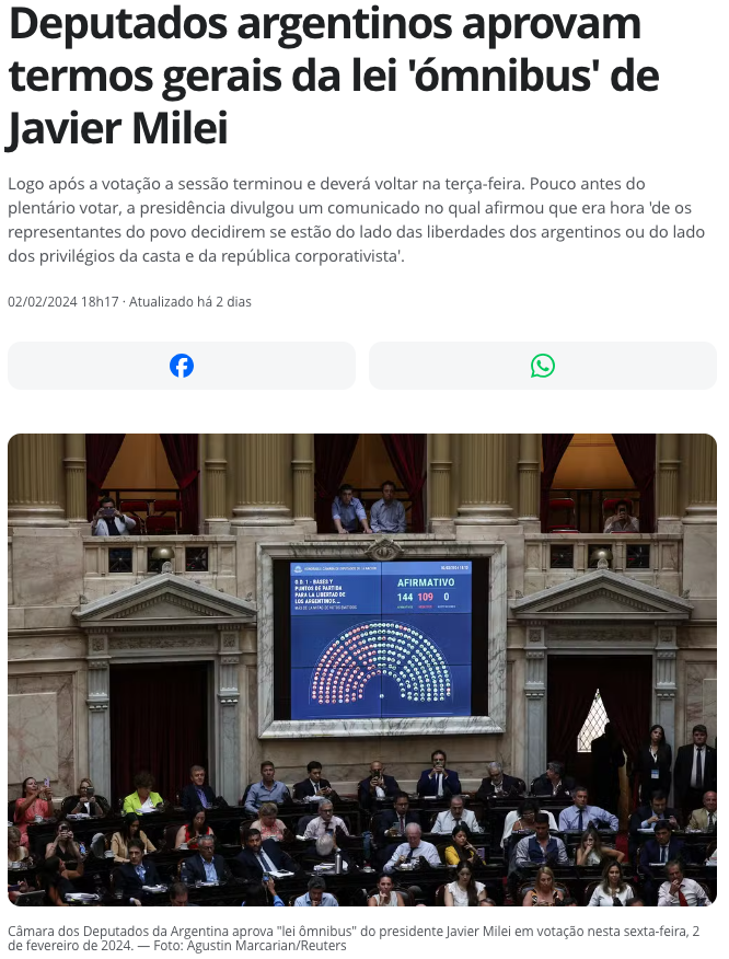 アルゼンチン下議、ミレイ大統領のメガ法案の基本文を承認（２日付Ｇ１サイトの記事の一部）