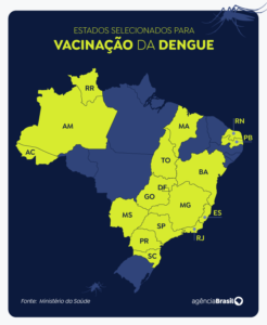デング熱用ワクチンが配布される５２１市を連邦自治体単位で示した地図（１日付アジェンシア・ブラジルより）