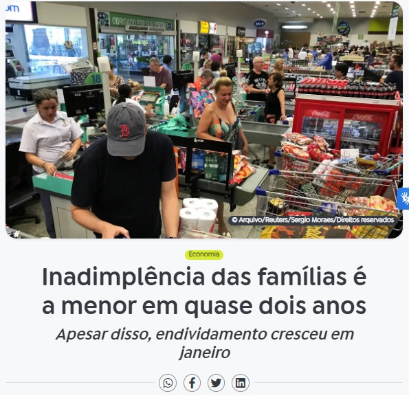債務不履行家庭がおよそ２年間で最少となったと報じる１日付アジェンシア・ブラジルの記事の一部