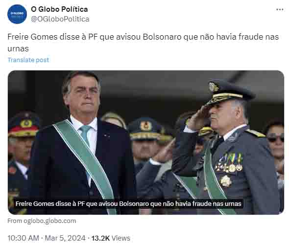 ボルソナロ大統領とフレイレ・ゴメス元司令官（Ｘ）
