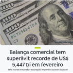 ２月の貿易収支が５４・４７億米ドルで新記録更新と報ずる６日付アジェンシア・ブラジルの記事の一部