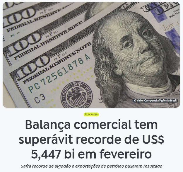 ２月の貿易収支が５４・４７億米ドルで新記録更新と報ずる６日付アジェンシア・ブラジルの記事の一部