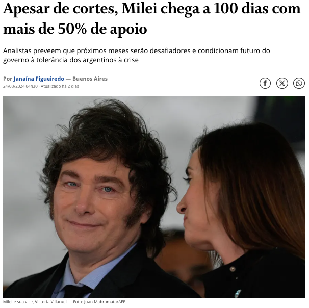 ミレイ大統領と(左)とビクトリア・ビヤルエル副大統領(右)(24日付オ・グローボサイトの記事の一部)