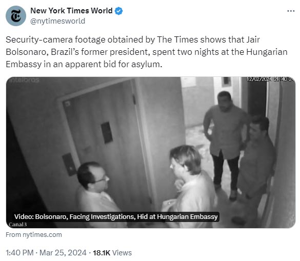 ハンガリー大使館に入るボルソナロ氏（X）