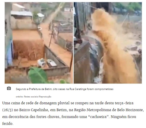 排水システムが壊れて出現した滝（26日付エスタード・デ・ミナス紙サイトの記事の一部）