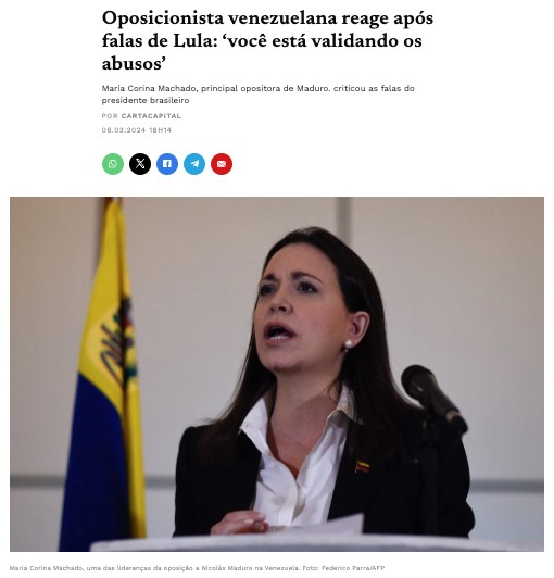 ベネズエラ大統領選への出馬失格の処分を受けたマリア・コリーナ・マチャド氏（６日付エスタード紙サイトの記事の一部）