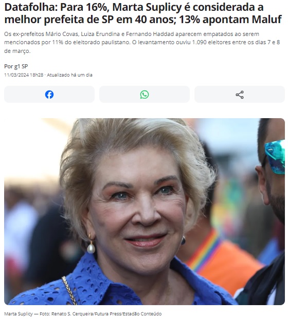 マルタ氏が４０年間で最良の市長と評価されたと報じる１１日付Ｇ１サイトの記事の一部