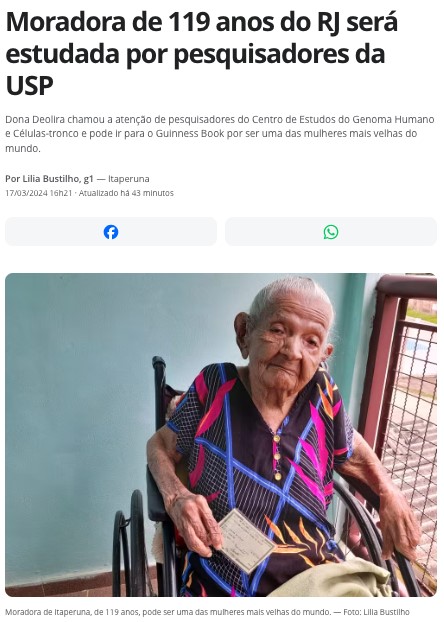 119歳のデオリラ・グリセリア・ペドロ・ダ・シルバさん（17日付G1サイトの記事の一部）