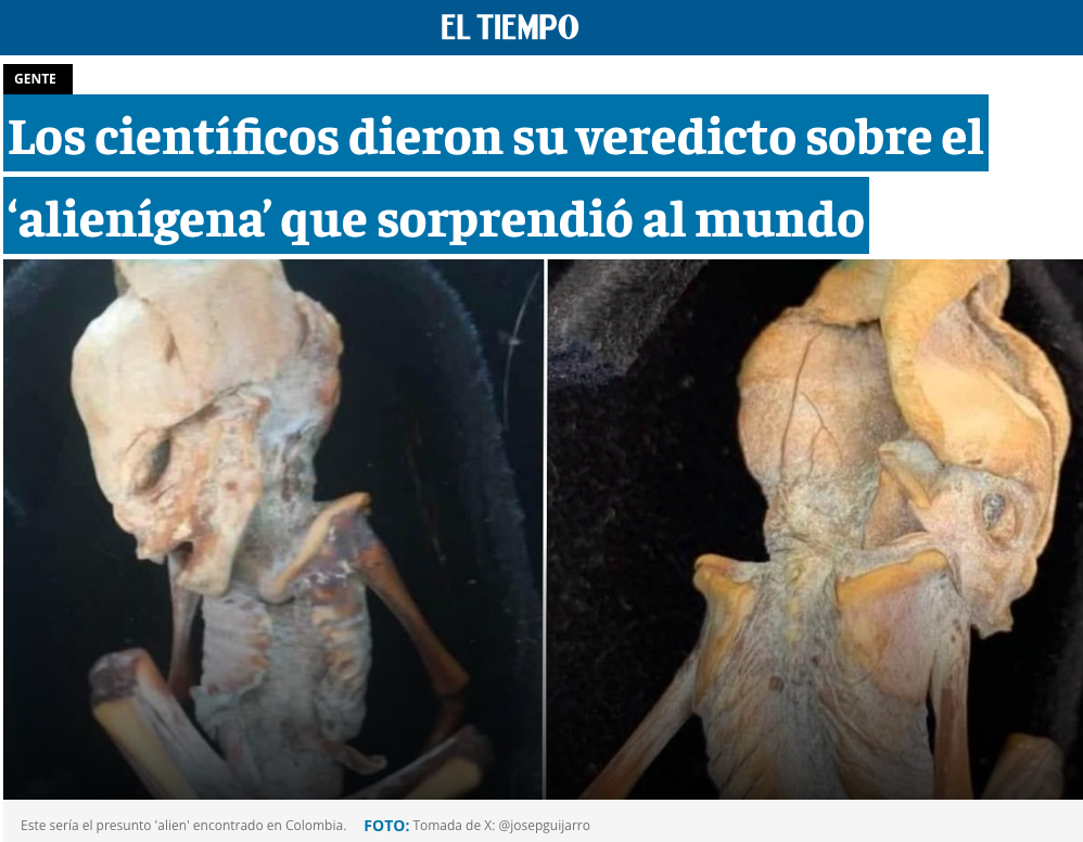 コロンビアで発見された謎の生物のミイラ（3月6日付エル・ティエンポ・サイトの記事一部）