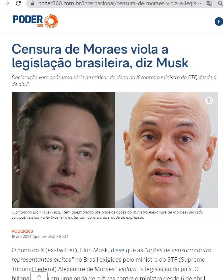 「モラエスの検閲はブラジルの法律に違反しているとマスク氏」との見出しが躍る１８日付ポデル３６０サイト<a href=