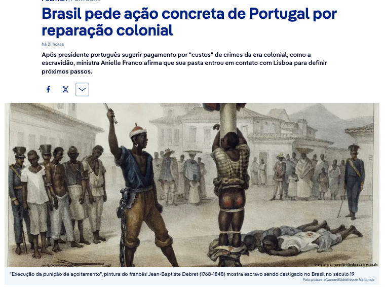 フランス人画家ジャン＝バティスト・デブレ『鞭打ち刑の執行』は19世紀ブラジルの奴隷たちを描いている（24日付ドイチェ・ヴェレ・ニュースの記事の一部）