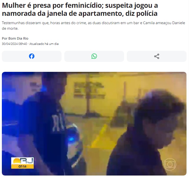 女性が女性殺人で逮捕されたと報じる4月30日付G1サイトの記事の一部