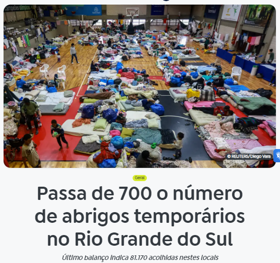 臨時の避難所が700を超えたと報じる12日付アジェンシア・ブラジルの記事の一部