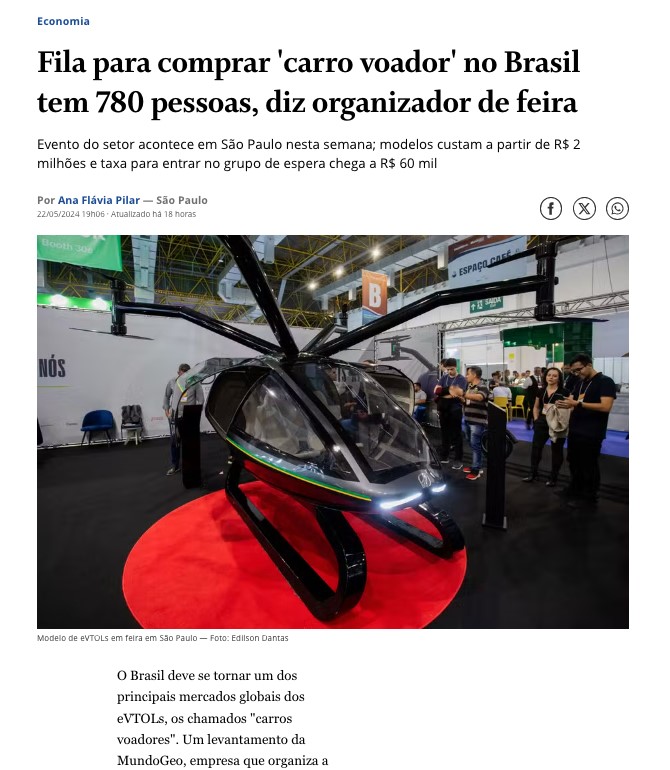 サンパウロ市の見本市で展示されたeVTOLの模型（22日付オ・グローボの記事の一部）