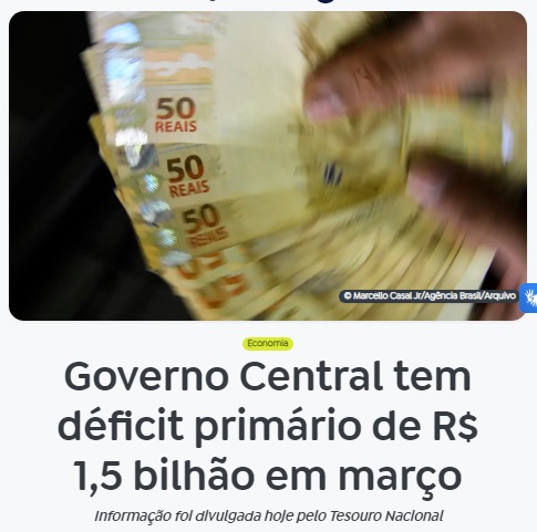 3月の基礎的財政収支は15億レの赤字だったと報じる4月29日付アジェンシア・ブラジルの記事の一部