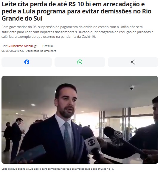 税収減や雇用維持のための対策の必要性を大統領に伝えたと語るレイテ知事（5日付G1サイトの記事の一部）