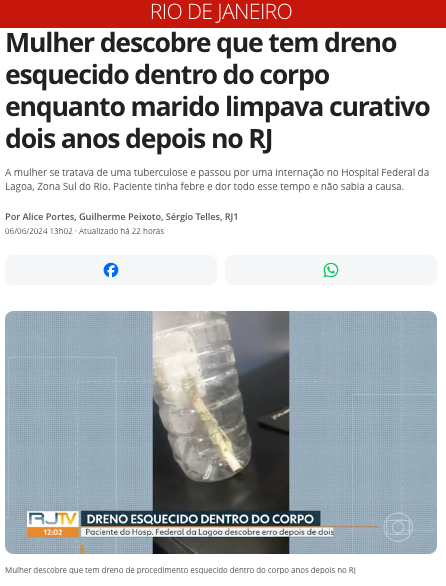 ルシアナさんの体内から見つかったドレーン（6日付G1サイトの記事の一部）