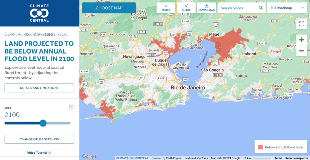 2100年に水没する可能性のあるリオ州の地域（クライメート・セントラル公式HP：https://coastal.climatecentral.org/）