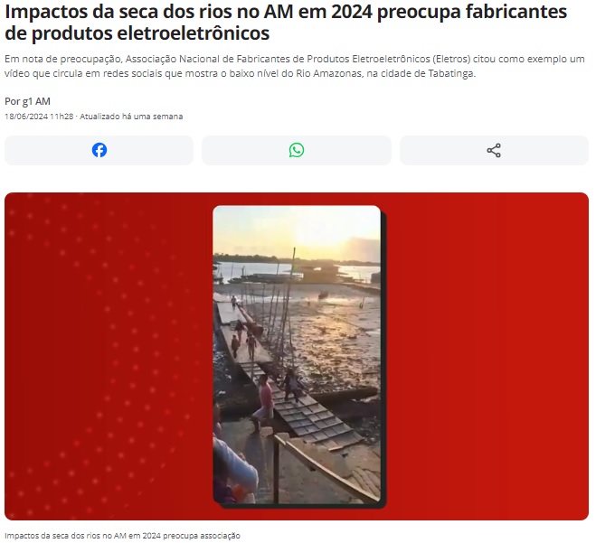 全国電気電子製品メーカー協会が干ばつの影響を懸念と伝える18日付G1サイトの記事の一部（写真はタバチンガ市から見たアマゾン川）