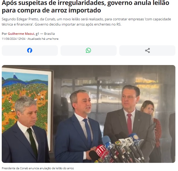 輸入米購入のための入札中止を発表するConab総裁（中央）と農業開発・家族農相（左）、農相（右）（１１日付G１サイトの記事の一部）