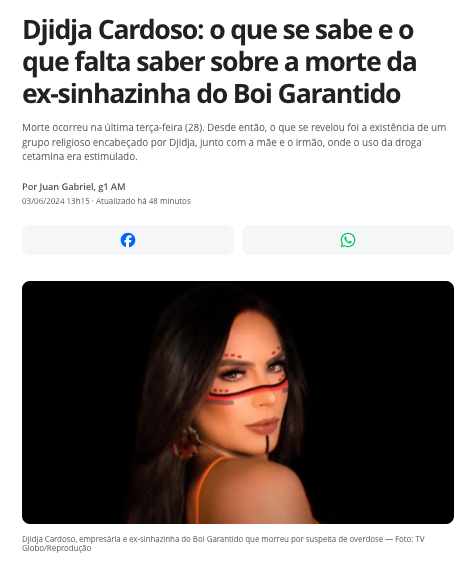 薬物の過剰摂取の疑いで死亡したディジア・カルドーゾさん（3日付G1サイトの記事の一部）